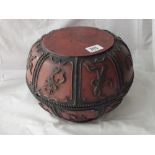 Good antique lacquered bowl and cover, decorated with panels of trophies, carved wood base 10” wide