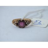 Antique garnet and pearl ring set in gold scroll mount, size N
