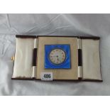 Good enamel travelling clock 8 day Swiss made in fitted case 2.75” wide