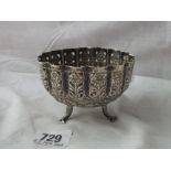 Indian silver bowl with chaste decoration on fish legs 3.5” dia.