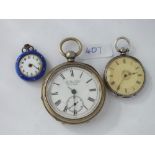 Enamel decorated fob watch and 2 others