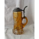 Continental amber glass tankard engraved with armorials pewter mounts 9” high
