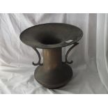 Chinese bronze vase with engraved body, angular handles 12” high