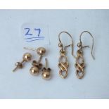 3 pairs of 9ct gold earrings, 2.1g