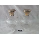 Pair of salt bottles with pull of covers etched glass bodies – B’ham 1920 4” high