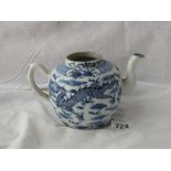 Chinese tea pot painted in blue with dragon 6” over handle