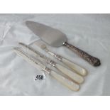 Silver handled pie server and 2 Victorian knives and fork 1898