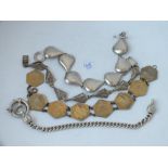 Various silver brooches, coin bracelet etc.,