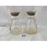 Pair of whisky tots with glass bodies and hinged covers (1 loose) 4” high – B’ham 1931