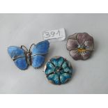 3 antique silver and enamel brooches