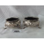 Pair of Victorian embossed salts on feet 2.5” wide 1859 by W.H 120g