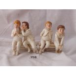 Pair of Royal Worcester figures of boys on benches with inscriptions 4” high