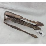 2 Pairs of bright cut sugar tongs and a Scottish pair