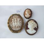 3 carved cameo shell brooches