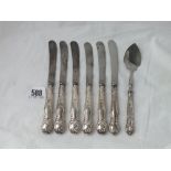 Six silver handles tea knives and a mounted jam spoon