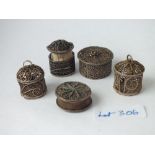 Five 19th century silver filigree sewing items