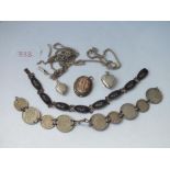 Silver coin bracelet, cameo pendant etc