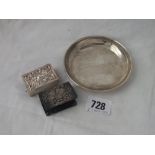 Two silver matchbox holders and a circular pin dish