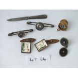 Various cuff links, miniature knife, pendant etc.,