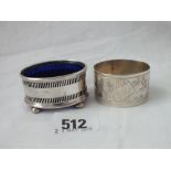 An oval ascetic engraved napkin ring – London 1893 and an oval salt with B.G.L