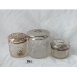 Three larger silver jars with cut glass bodies, one B’ham 1901