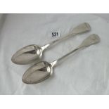 A heavy pair of Georgian fiddle pattern table spoons – London 1824 by W.E, 159g