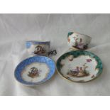 Miniature Meissen cup and saucer in blue another in green