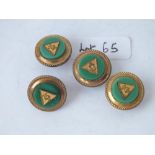 A set of four gilt metal green enamel studs with heart motif