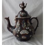 Giant barge ware teapot and cover side decorated relief & impressed Forget me not 1882