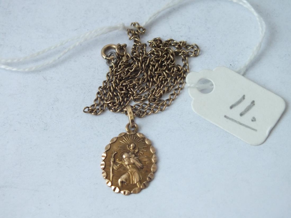 An oval St. Christopher pendant, on fine gold neck chain 18” long 3.5g