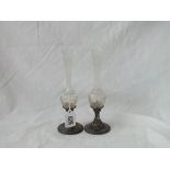 A pair of continental 800 standard vases with engraved glass bodies 7” high