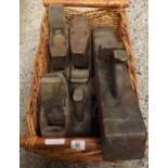 WICKER BASKET WITH VARIOUS WOOD & METAL VINTAGE WOOD PLANES