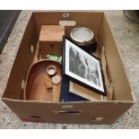 CARTON WITH F/G PICTURES, WOODEN BOWLS & STAINLESS STEEL SERVING SET