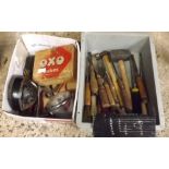 2 CARTONS - 1 OF HAND TOOLS THE OTHER WITH OLD OXO TIN, LUCAS HORN & LIGHT & HAND TOOLS