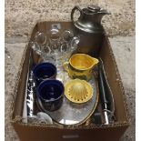 SMALL CARTON OF MIXED GLASS, METAL THERMOS FLASK, CORK SCREWS & BOTTLE OPENER