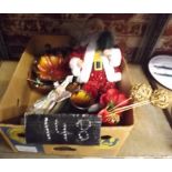 CARTON WITH FATHER CHRISTMAS, SEA SHELL RACK, WOODEN BOW & VASE