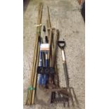QTY OF LONG HANDLED GARDEN TOOLS, TRIMMER'S & BAMBOO GROWING CANES