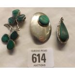 TWO SILVER AND MALACHITE BROOCHES & A PENDANT