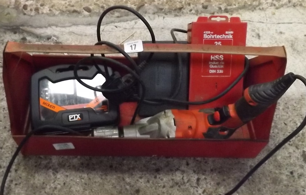 RED METAL CARRIER WITH BLACK & DECKER POWER DRILL, VARIOUS BOXED DRILLS & MINI GRINDER SET