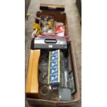 2 CARTONS OF MIXED GLASSWARE, SMALL PARTS CONTAINER, WOODEN CUTLERY BOXES, TRAYS, UMBRELLAS,