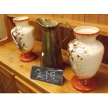 PAIR OF GLASS PAINTED DECORATIVE VASES & BRASS WATER JUG