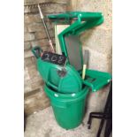 QTY OF GARDEN TOOLS INCL; KNEELERS, STOOLS & GREEN DUSTBIN