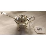 A SILVER MUSTARD POT WITH SPOON & B.G.L