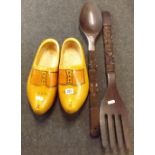 PAIR OF LARGE CLOGS & LARGE CARVED TOTEM POLE SPOON & FORK