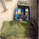1 KHAKI KIT BAG, BLUE TOOLS BOX WITH CONTENTS & EMPTY AMMUNITION BOX