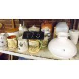 SHELF OF VARIOUS CHINA TANKARDS, STORAGE JARS, EGG CROCK & OTHER KITCHEN WARE