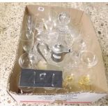 CARTON OF MIXED GLASSWARE INCL; METAL TOP CLARET JUG