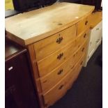 ANTIQUE PINE BOW FRONTED CHEST OF 3 LONG & 2 SHORT DRAWERS