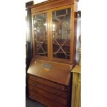 EDWARDIAN INLAID MAHOGANY BUREAU BOOKCASE WITH SHELVING (KEYS IN OFFICE)