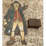A CARD BOARD CUT OUT OF A TOWN CRIER & A CARVED JEWELLERY BOX